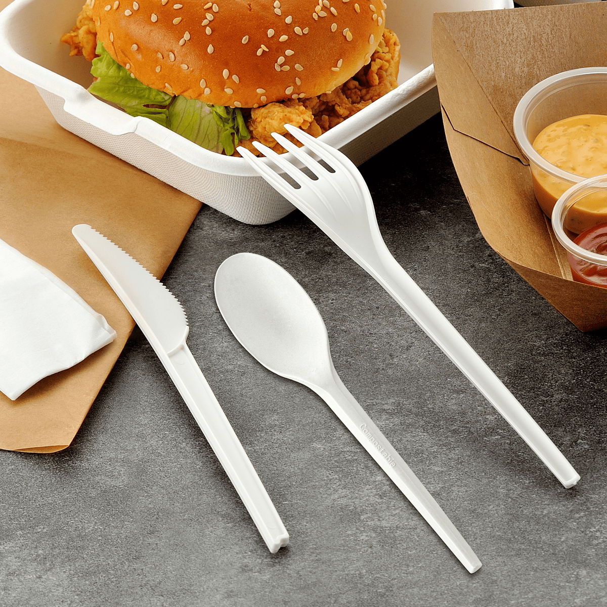 [250ct] PLA Heavy Weight Cutlery Kits (Knife, Fork,Tea Spoon,Napkin) | White - Biocean by Danube BlueBiocean