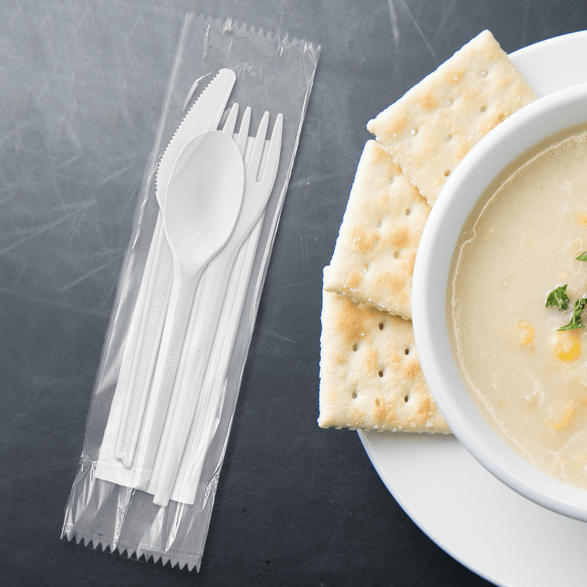 [250ct] PLA Heavy Weight Cutlery Kits (Knife, Fork,Tea Spoon,Napkin) | White - Biocean by Danube BlueBiocean