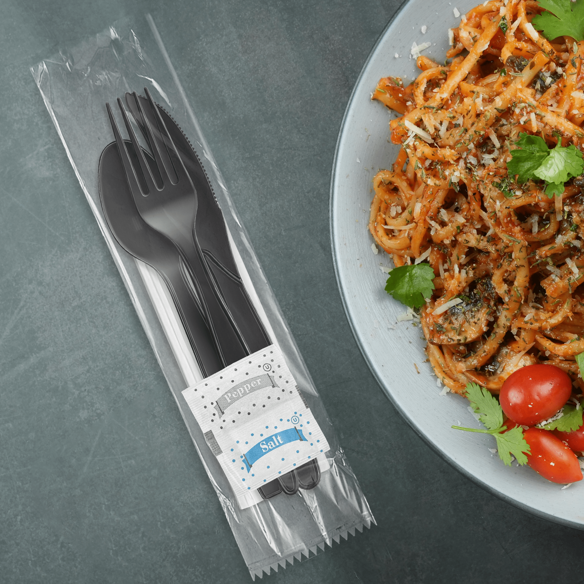 [250ct] PP Plastic Extra Heavy Weight Cutlery Kits with Salt and Pepper | Black - Biocean by Danube BlueBiocean