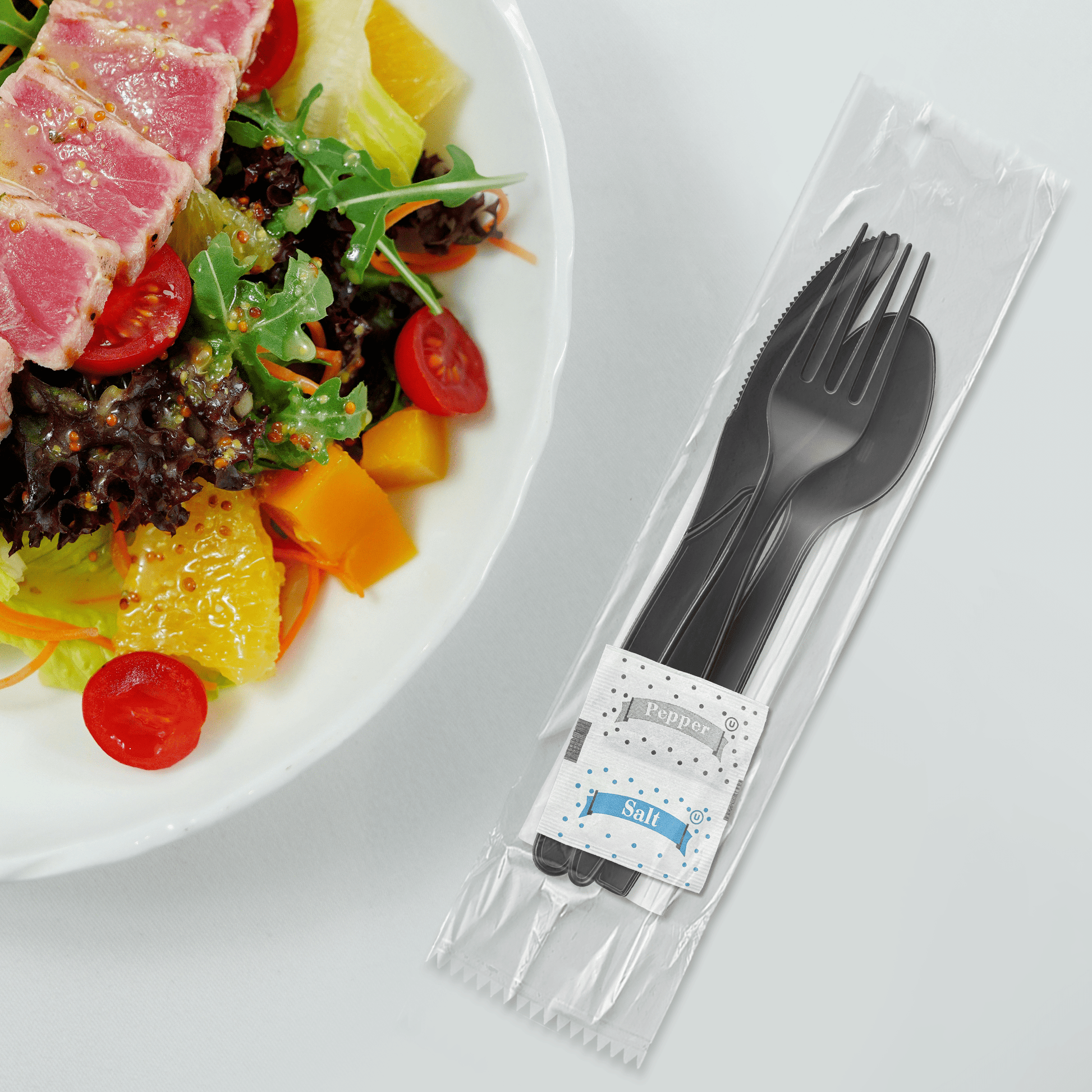 [250ct] PP Plastic Extra Heavy Weight Cutlery Kits with Salt and Pepper | Black - Biocean by Danube BlueBiocean
