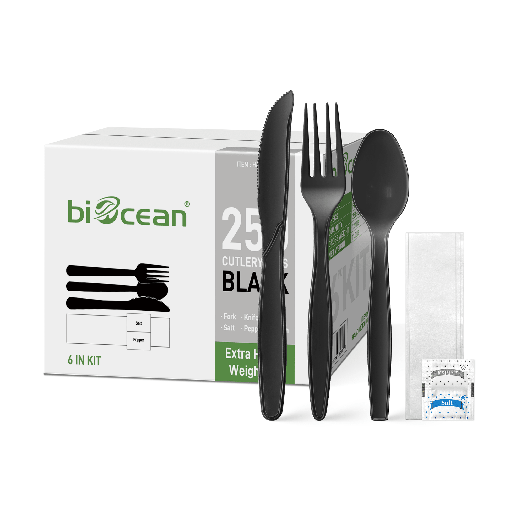 [250ct] PP Plastic Extra Heavy Weight Cutlery Kits with Salt and Pepper | Black - Biocean by Danube BlueBiocean