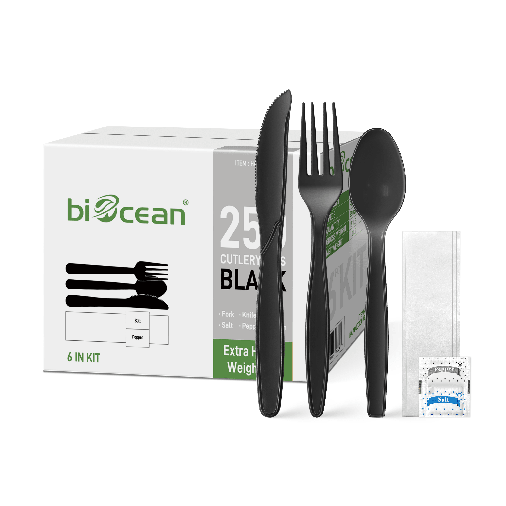 [250ct] PP Plastic Extra Heavy Weight Cutlery Kits with Salt and Pepper | Black - Biocean by Danube BlueBiocean