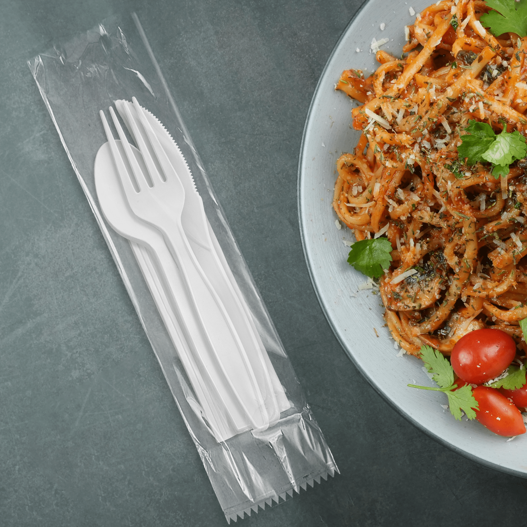 [250ct] PP Plastic Extra Heavy Weight Cutlery Kits(Knife,Fork,Tea Spoon,Napkin) | White - Biocean by Danube BlueBiocean