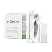 [250ct] PP Plastic Extra Heavy Weight Cutlery Kits(Knife,Fork,Tea Spoon,Napkin) | White - Biocean by Danube BlueBiocean