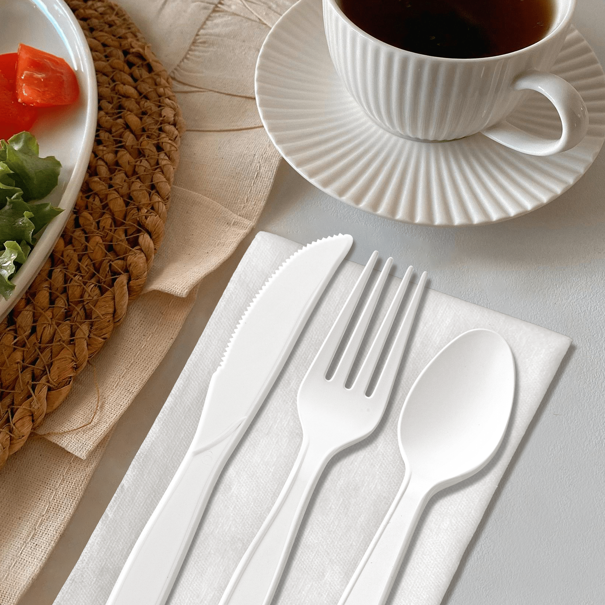 [250ct] PP Plastic Extra Heavy Weight Cutlery Kits(Knife,Fork,Tea Spoon,Napkin) | White - Biocean by Danube BlueBiocean