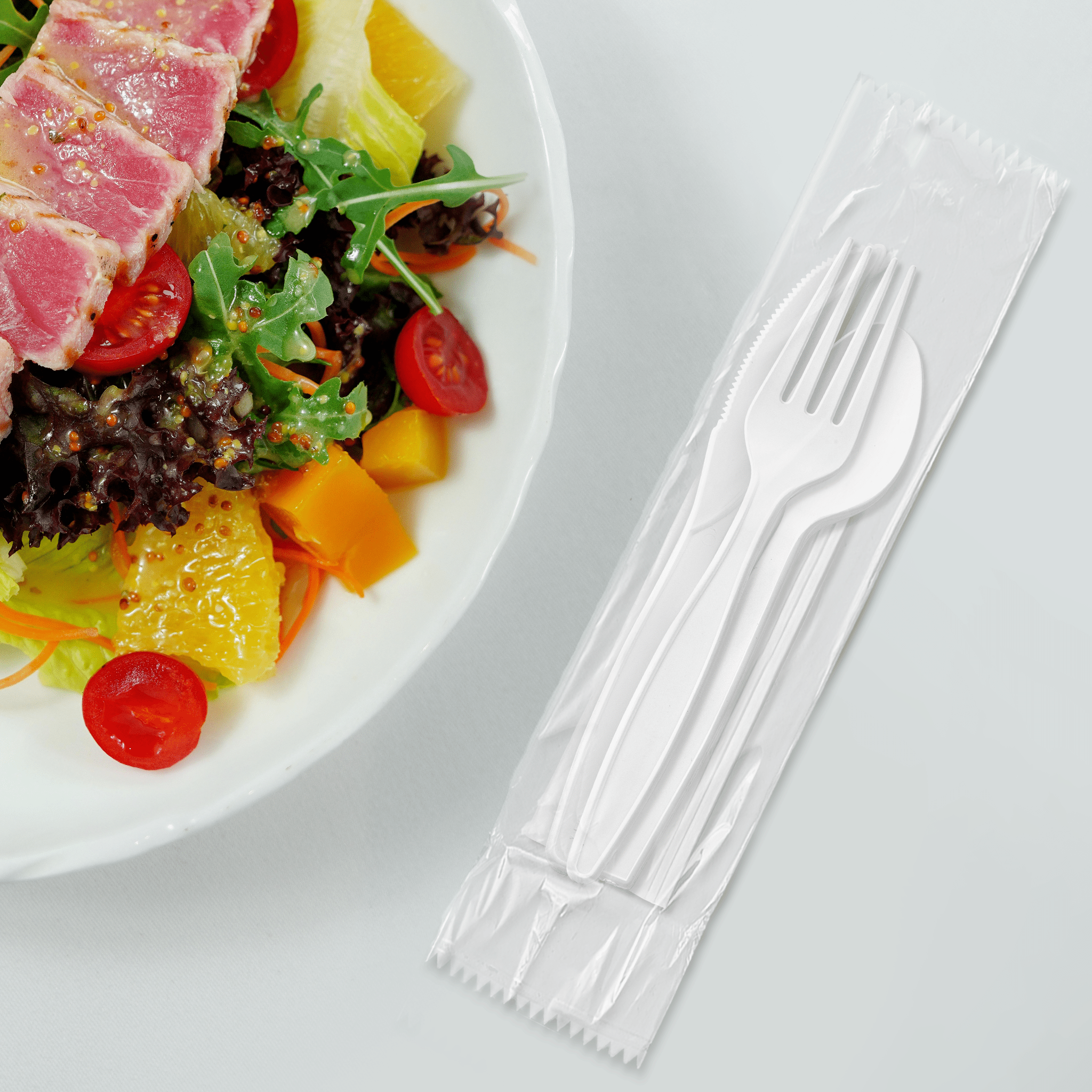 [250ct] PP Plastic Extra Heavy Weight Cutlery Kits(Knife,Fork,Tea Spoon,Napkin) | White - Biocean by Danube BlueBiocean