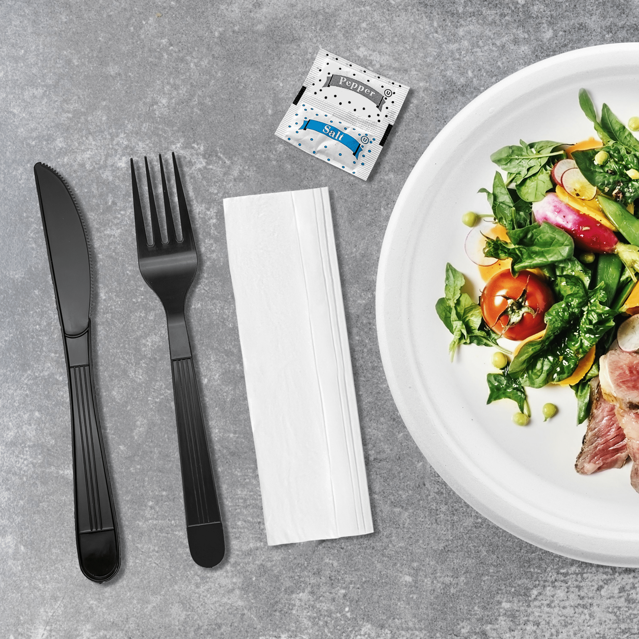 [250ct] PP Plastic Heavy Weight Cutlery Kits(Knife, Fork, Napkin, Salt and Pepper) | Black - Biocean by Danube BlueBiocean