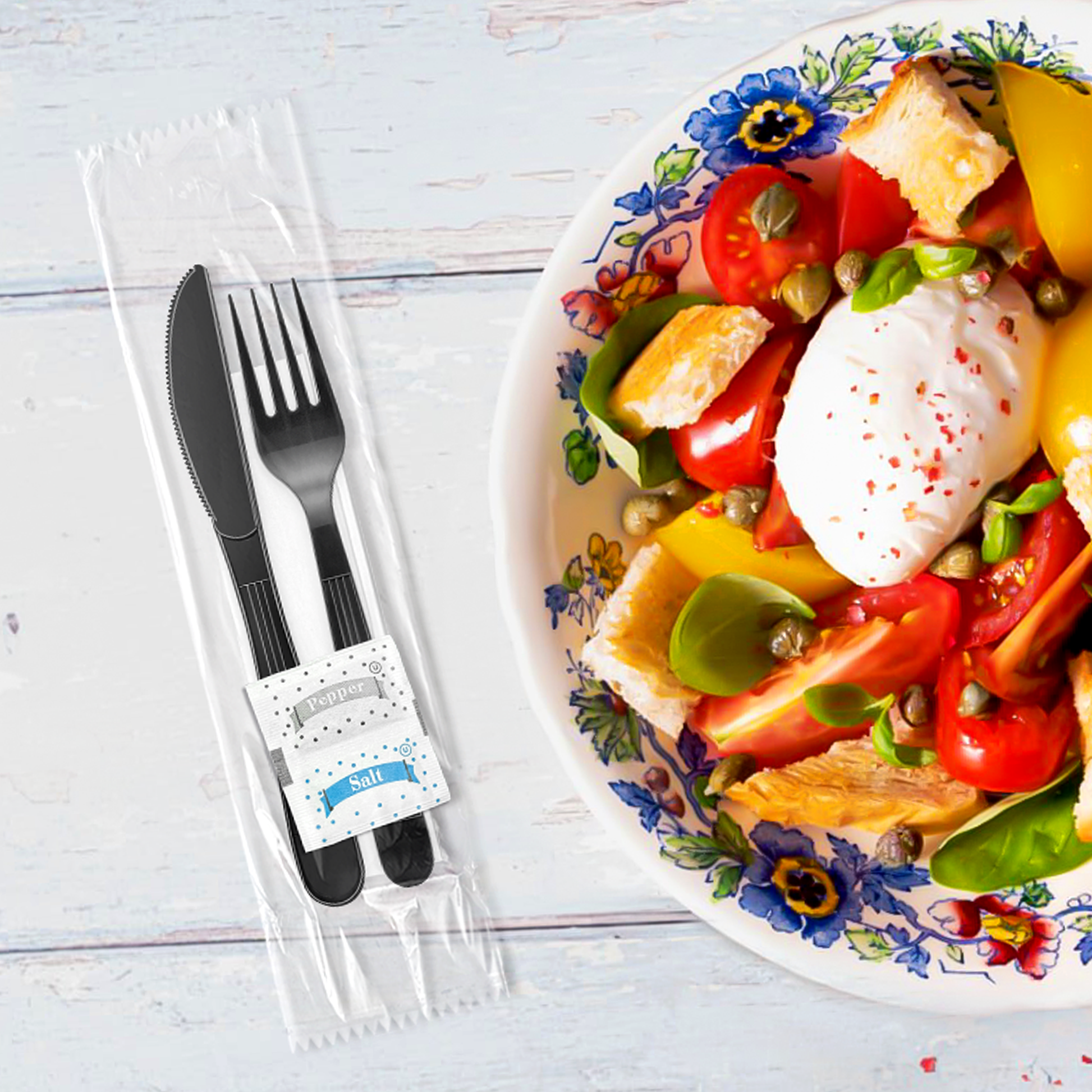 [250ct] PP Plastic Heavy Weight Cutlery Kits(Knife, Fork, Napkin, Salt and Pepper) | Black - Biocean by Danube BlueBiocean