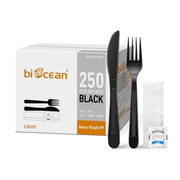 [250ct] PP Plastic Heavy Weight Cutlery Kits(Knife, Fork, Napkin, Salt and Pepper) | Black - Biocean by Danube BlueBiocean