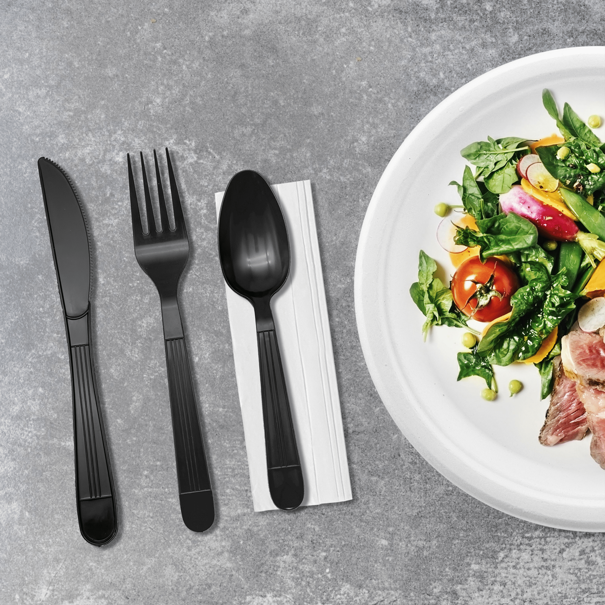 [250ct] PP Plastic Heavy Weight Cutlery Kits(Knife, Fork, Tea Spoon, Napkin) | Black - Biocean by Danube BlueBiocean
