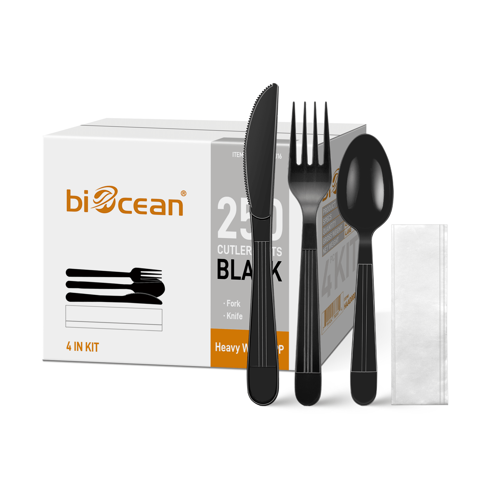 [250ct] PP Plastic Heavy Weight Cutlery Kits(Knife, Fork, Tea Spoon, Napkin) | Black - Biocean by Danube BlueBiocean