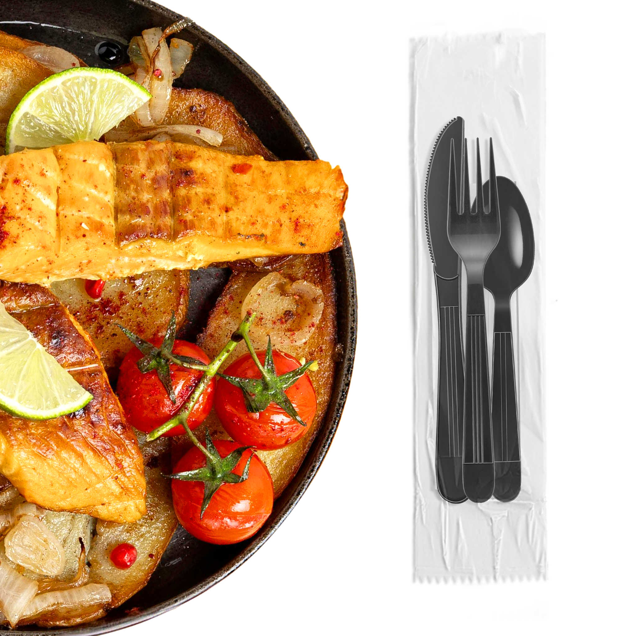 [250ct] PP Plastic Heavy Weight Cutlery Kits(Knife, Fork, Tea Spoon, Napkin) | Black - Biocean by Danube BlueBiocean