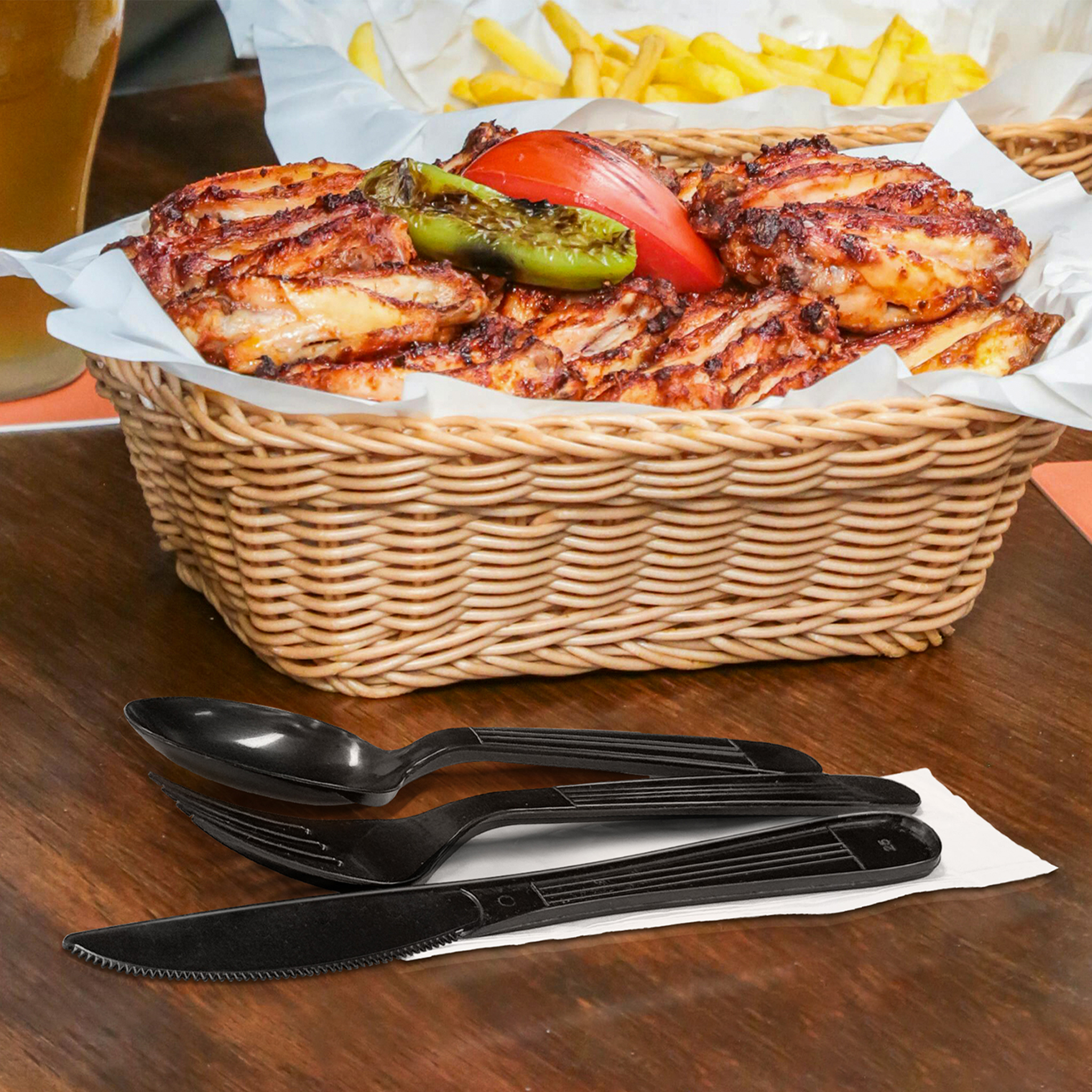 [250ct] PP Plastic Heavy Weight Cutlery Kits(Knife, Fork, Tea Spoon, Napkin) | Black - Biocean by Danube BlueBiocean