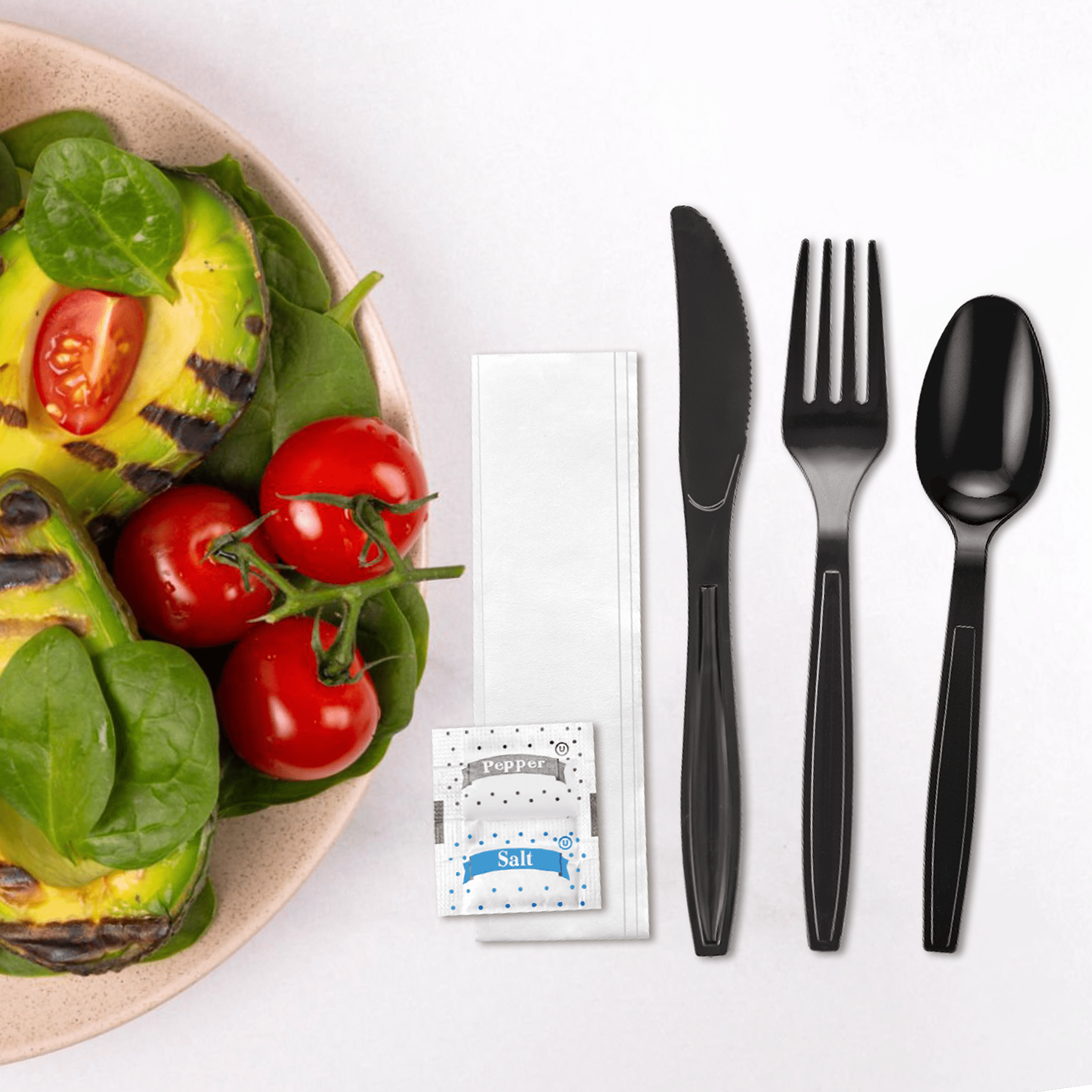 [250ct] PS Plastic Heavy Weight Cutlery Kits with Salt and Pepper | Black - Biocean by Danube BlueBiocean
