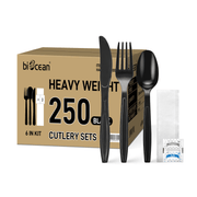 [250ct] PS Plastic Heavy Weight Cutlery Kits with Salt and Pepper | Black - Biocean by Danube BlueBiocean