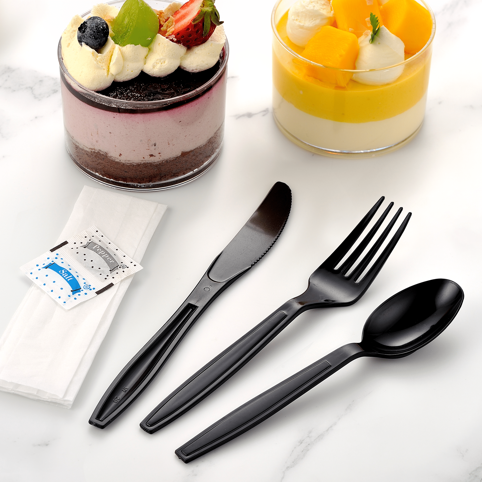 [250ct] PS Plastic Heavy Weight Cutlery Kits with Salt and Pepper | Black - Biocean by Danube BlueBiocean