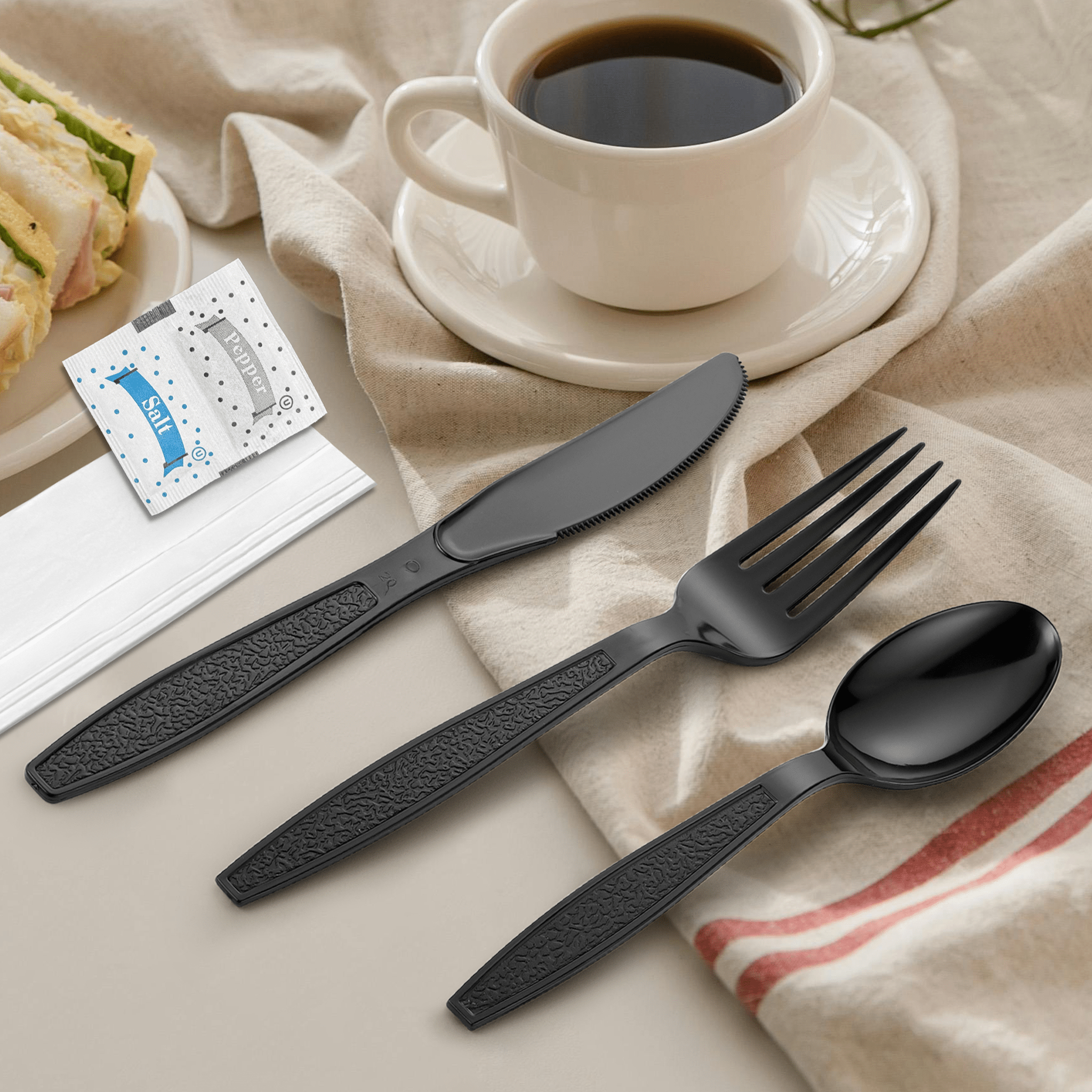 [250ct] PS Plastic Heavy Weight Texture Cutlery Kits with Salt and Pepper | Black - Biocean by Danube BlueBiocean