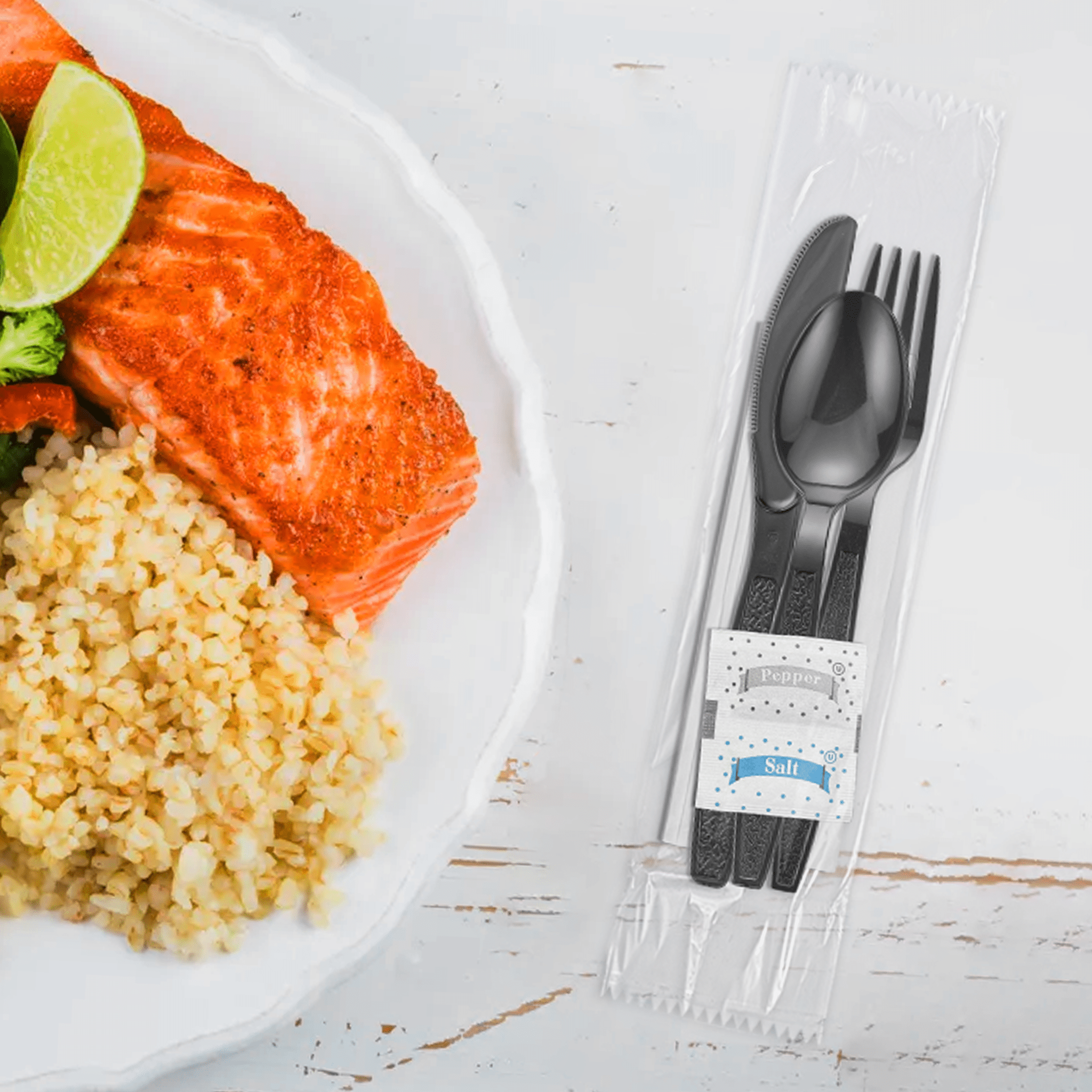 [250ct] PS Plastic Heavy Weight Texture Cutlery Kits with Salt and Pepper | Black - Biocean by Danube BlueBiocean