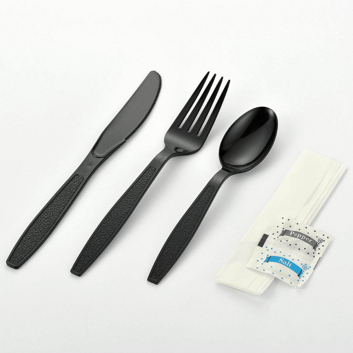 [250ct] PS Plastic Heavy Weight Texture Cutlery Kits with Salt and Pepper | Black - Biocean by Danube BlueBiocean
