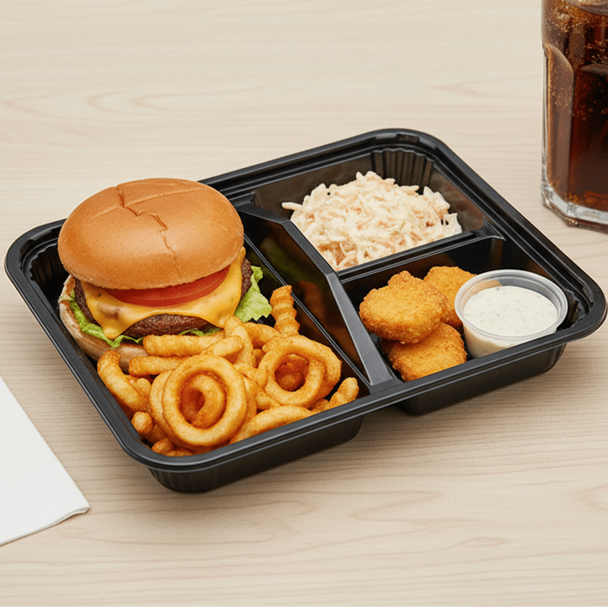 [252ct] PS Plastic 9 2/5" x 7 1/2" Bento Box with lid | 3 - compartment | Black - Biocean by Danube BlueBiocean