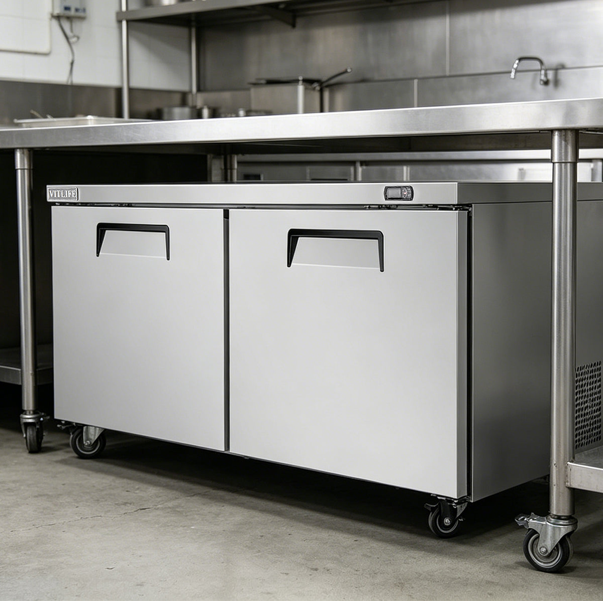Vitlife Commercial VUC60R 60" 2-Solid Door Reach-In Undercounter Refrigerator, 14 cu. ft.