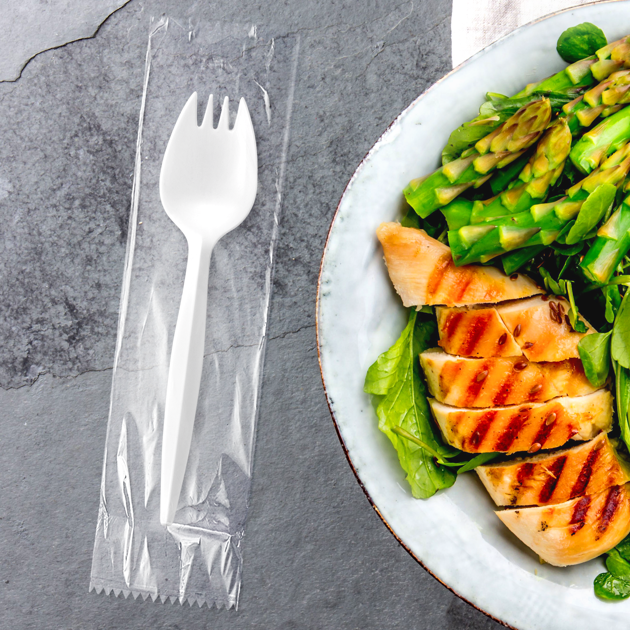 [1,000ct] PP Plastic Medium Weight Wrapped Spork | White