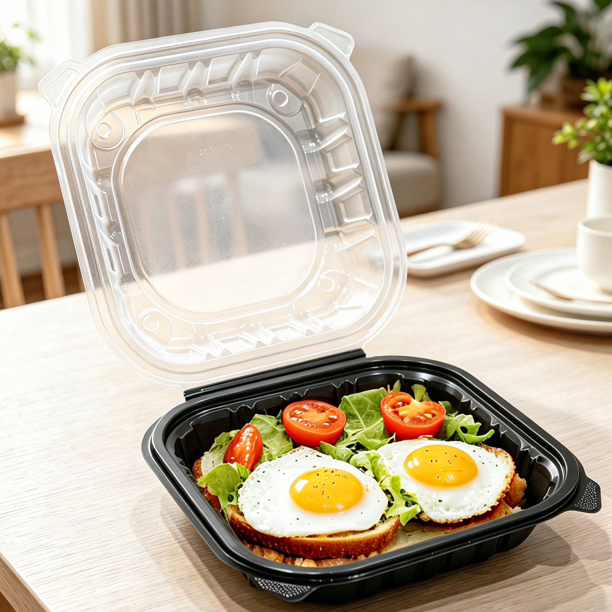 [150ct] 10" x 10" x 3" Premium PP Hinged Food Containers | 1-Compartment | Clear and Black