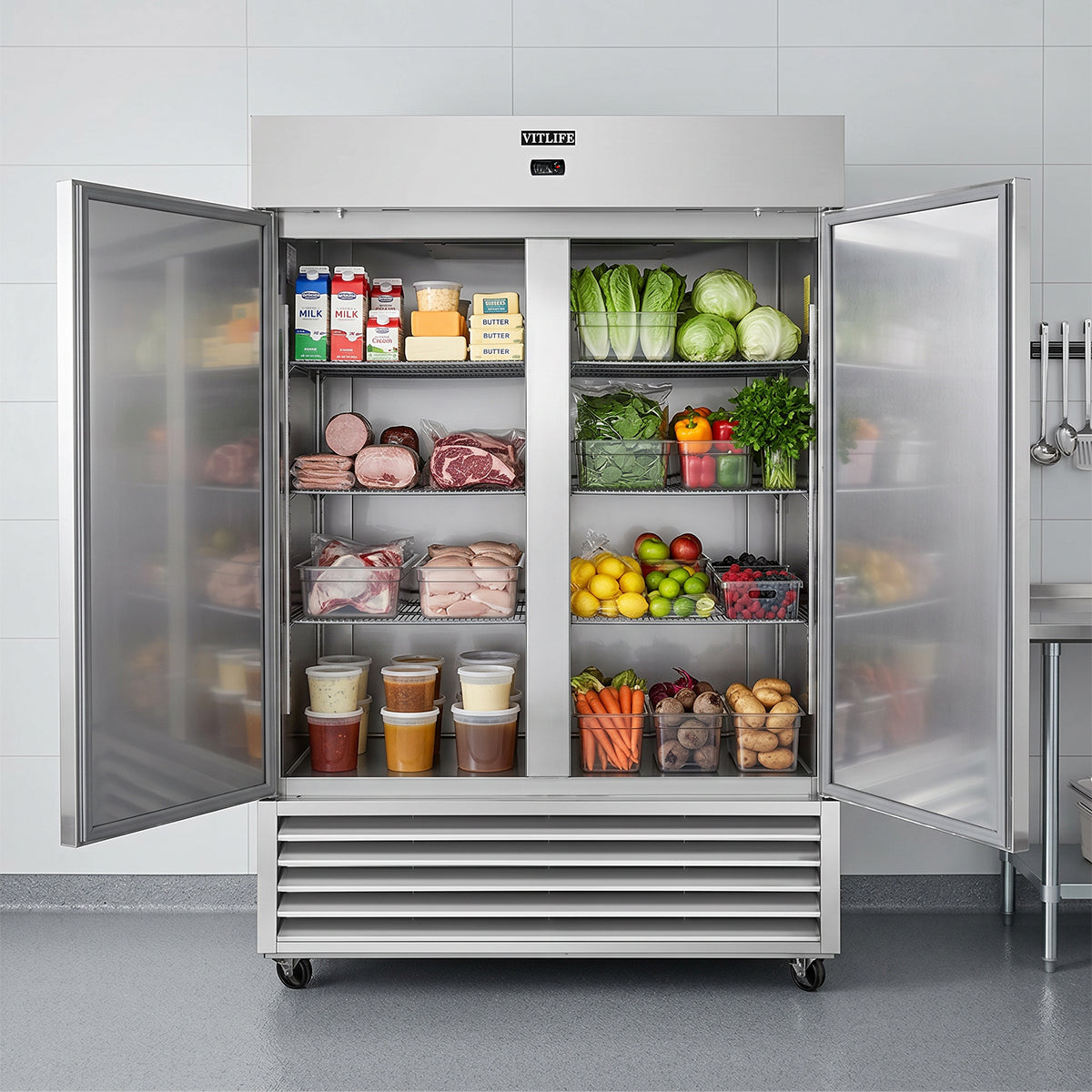 Vitlife Commercial VRB54R 54" 2-Solid Door Reach‑In Refrigerator, 46 cu. ft., Bottom Mounted Refrigeration