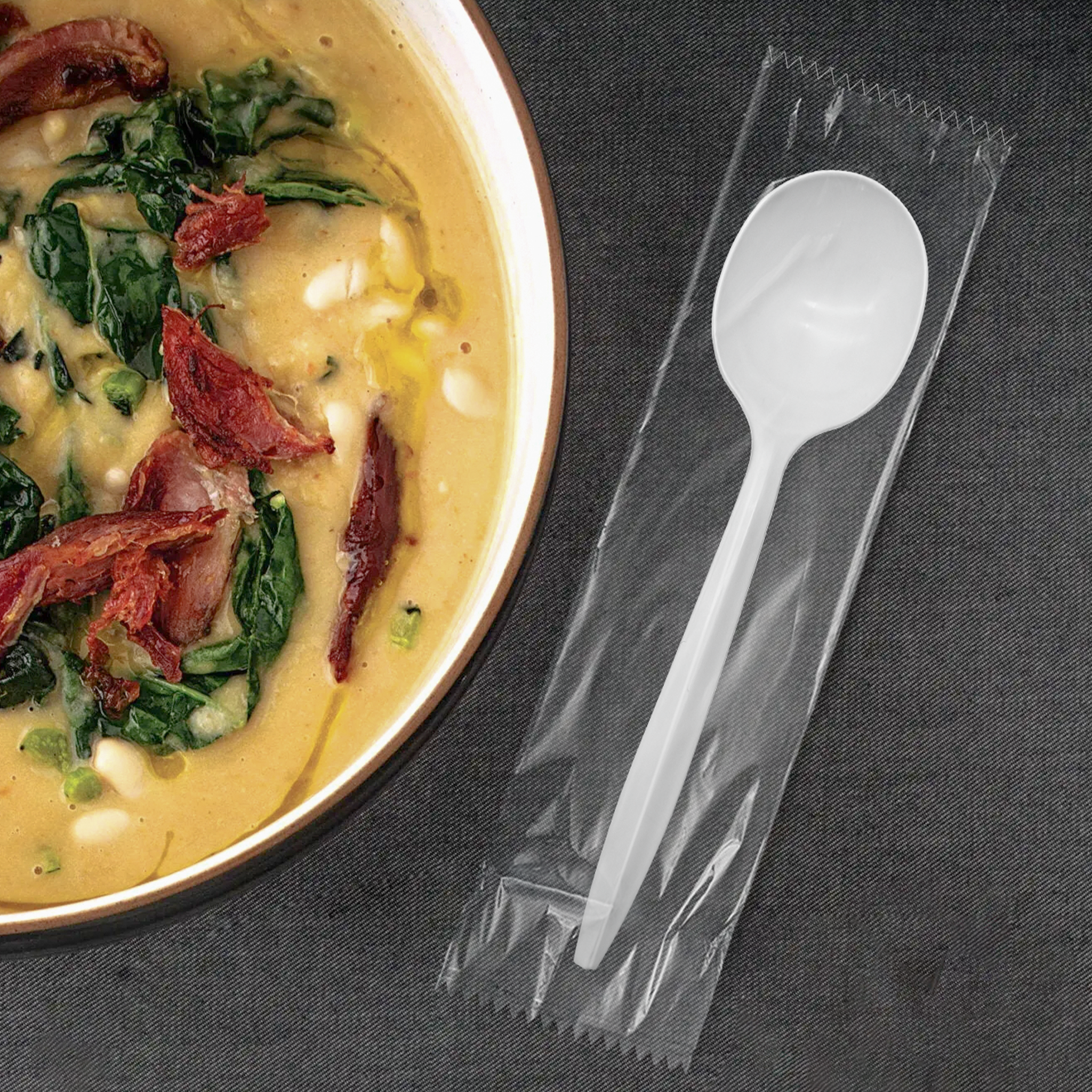 [1,000ct] PP Plastic Medium Weight Wrapped Soup Spoons | White