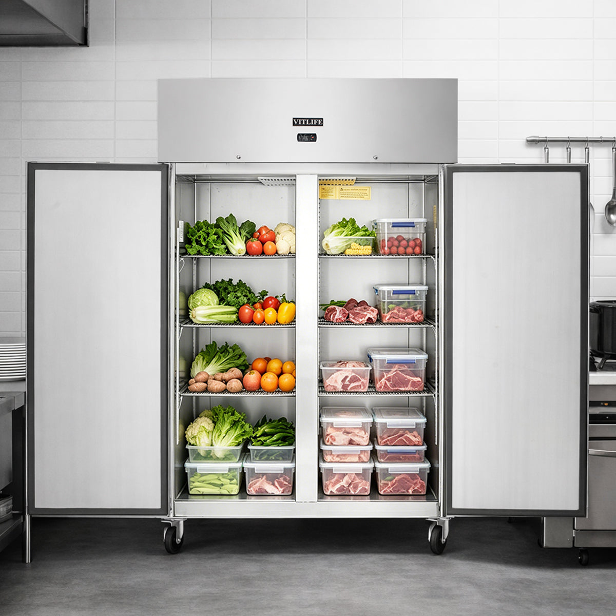 Vitlife Commercial VRT54R 54" 2-Solid Door Reach-In Refrigerator, 46 cu. ft. Stainless Steel, Top Mounted