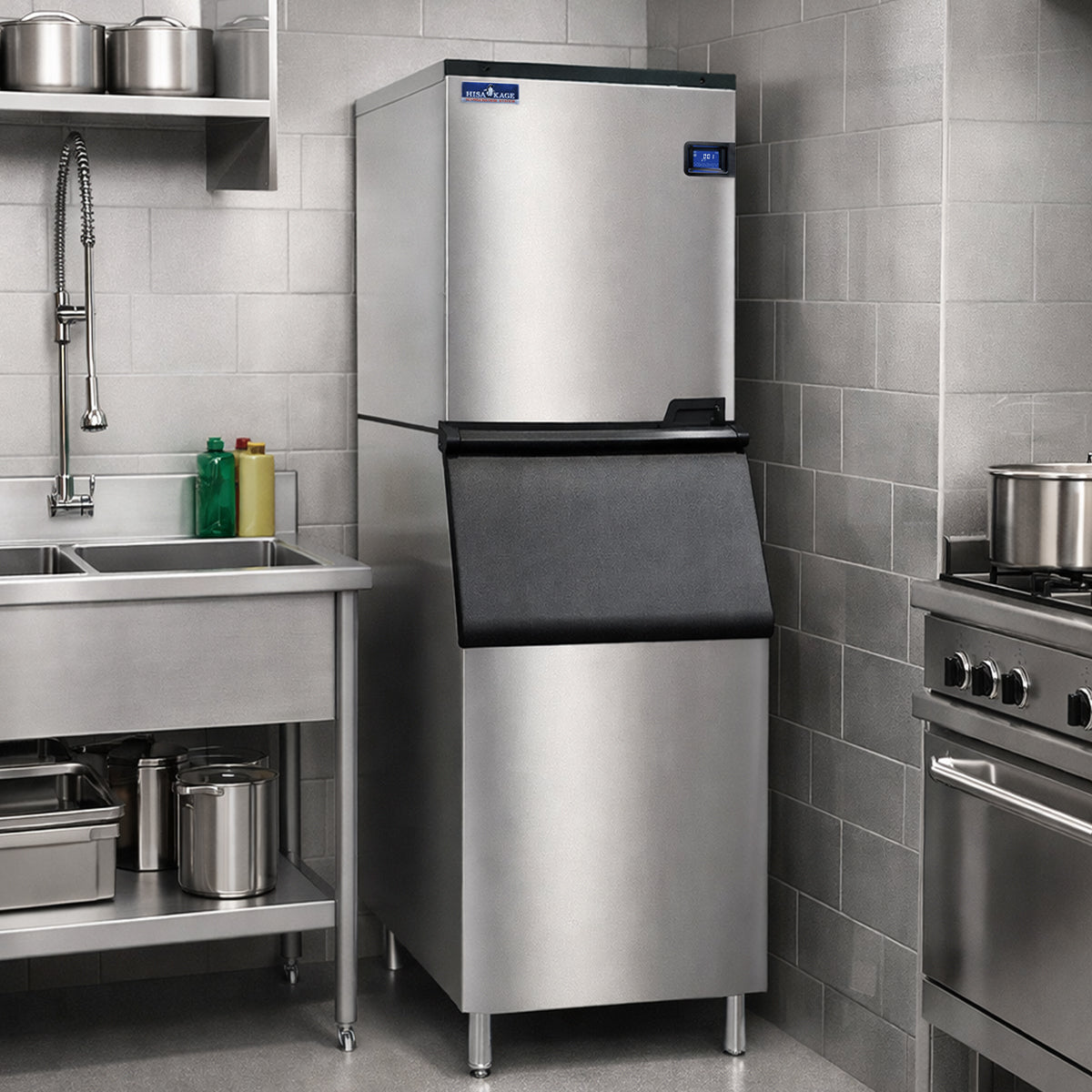 HISAKAGE 22" AC-500A Air-Cooled Split Cube Ice Machine with 352lbs Storage Bin - 465 lbs Daily Output, 115V