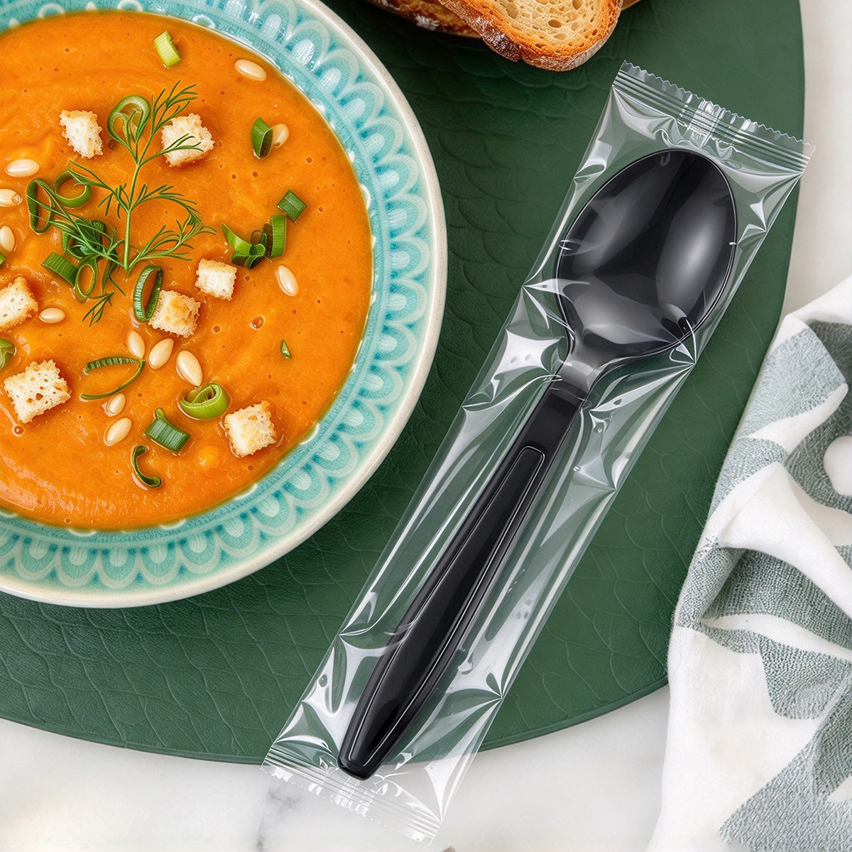 [1,000ct] PS Plastic Extra Heavy Weight Wrapped Soup Spoons | Black