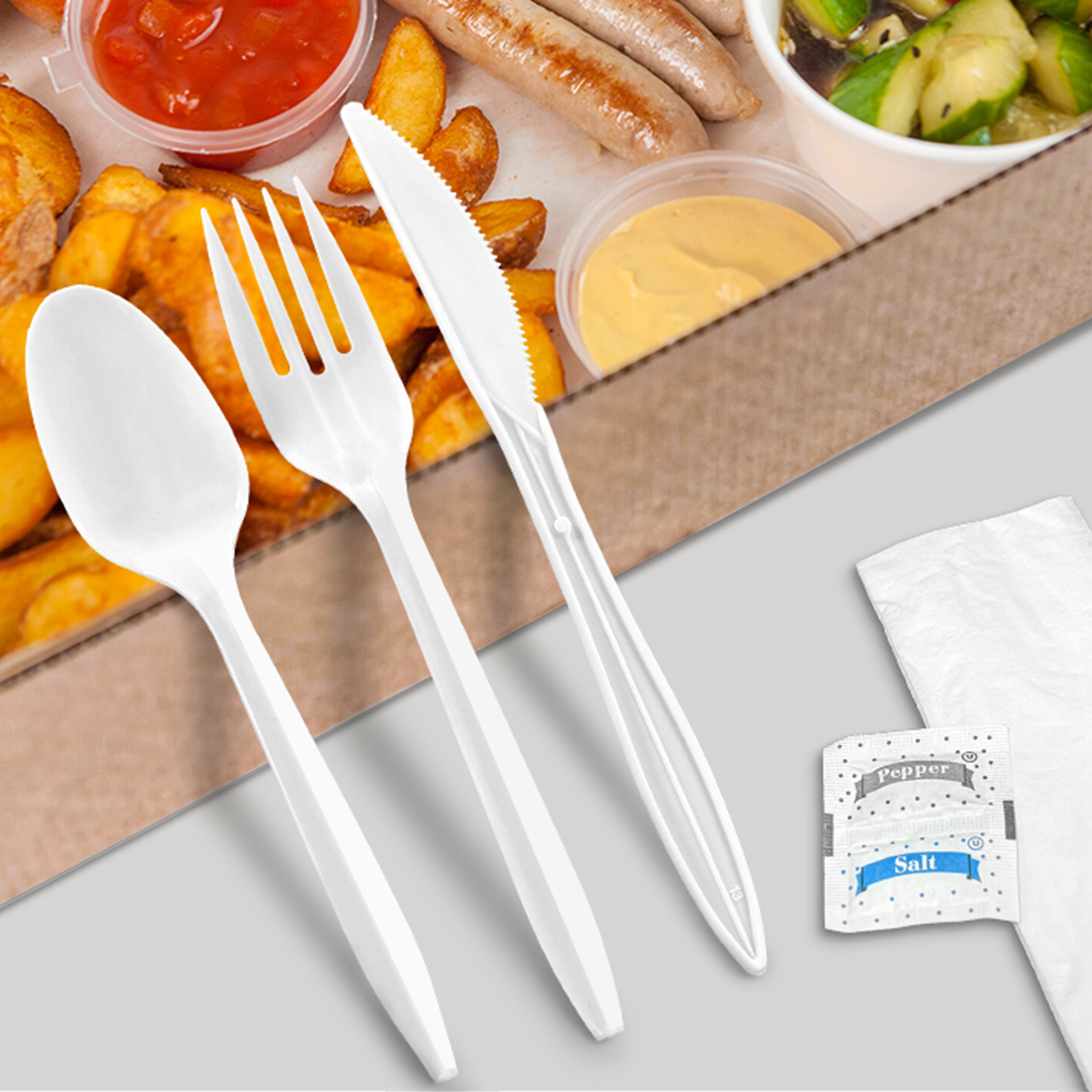 [500ct] PP Plastic Medium Weight Cutlery Kits with Salt and Pepper | White