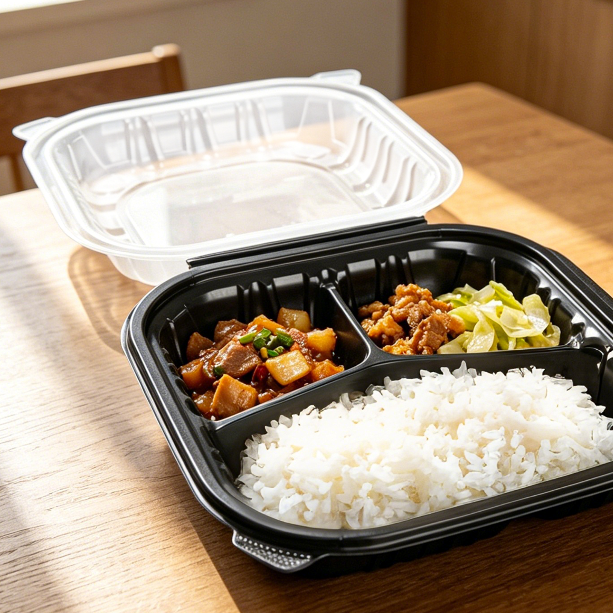 [150ct] 10" x 10" x 3"  Premium PP Hinged Food Containers | 3-Compartment | Clear and Black