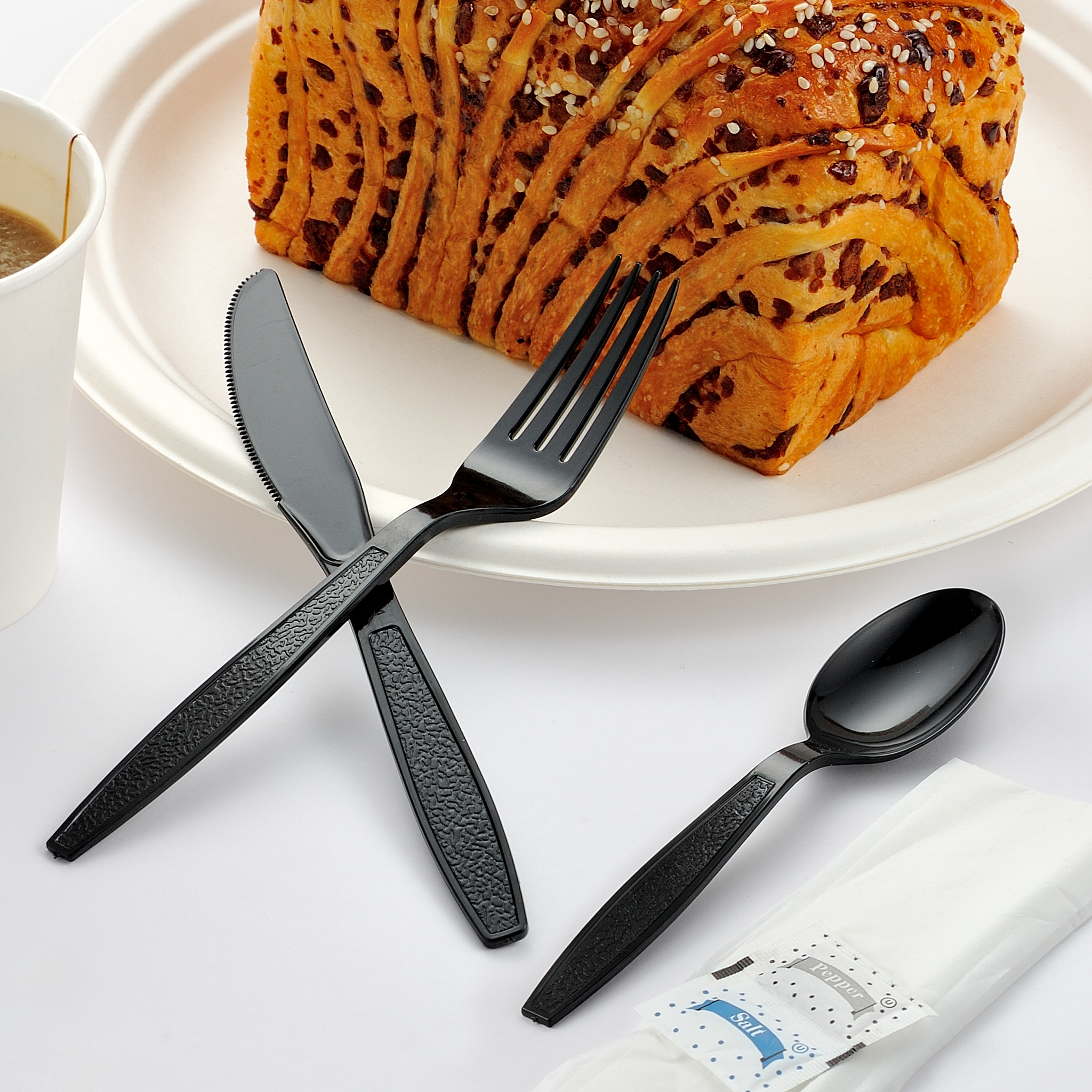 [250ct] PS Plastic Heavy Weight Cutlery Kits with Salt and Pepper | Black