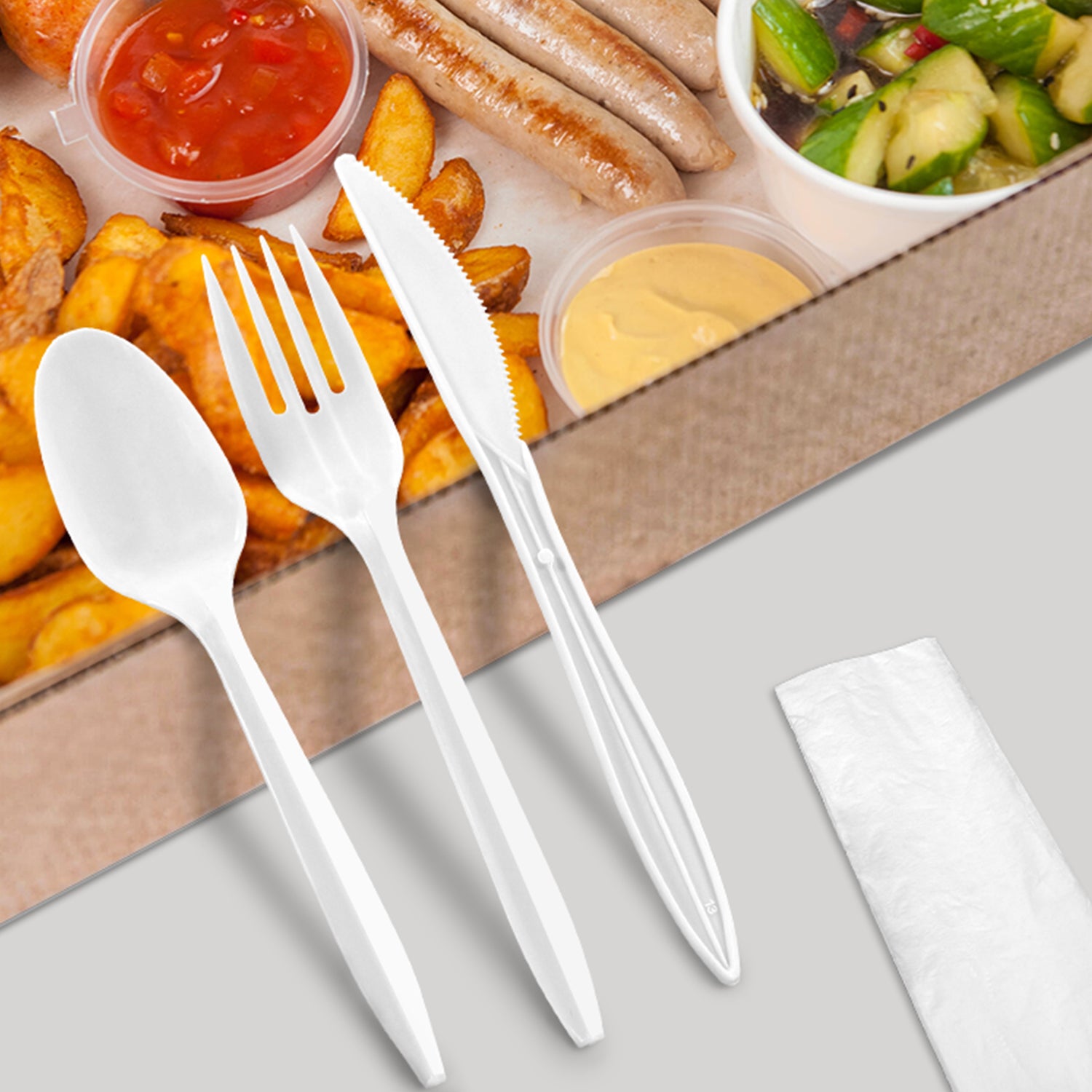 Medium Weight White PP Plastic Cutlery Kit with Knife, Fork, Tea Spoon, and Napkin - 250/Case