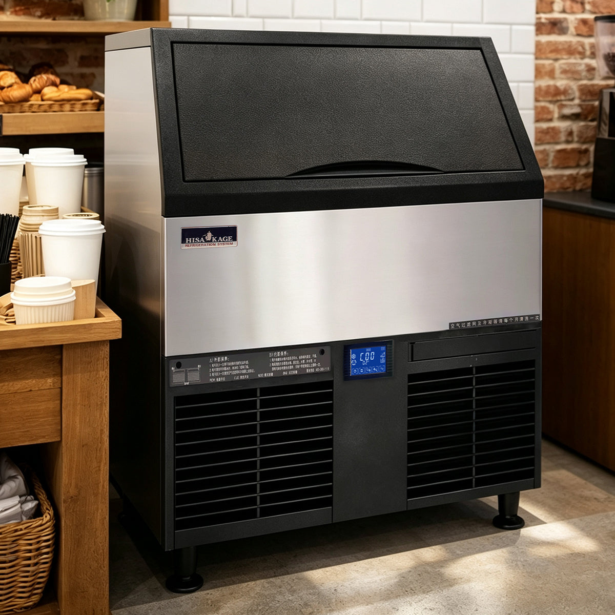 HISAKAGE 30" AC-300 Air-Cooled Self-Contained Cube Ice Machine with 88 lb. Storage Bin - 310 lbs Daily Output, 115V