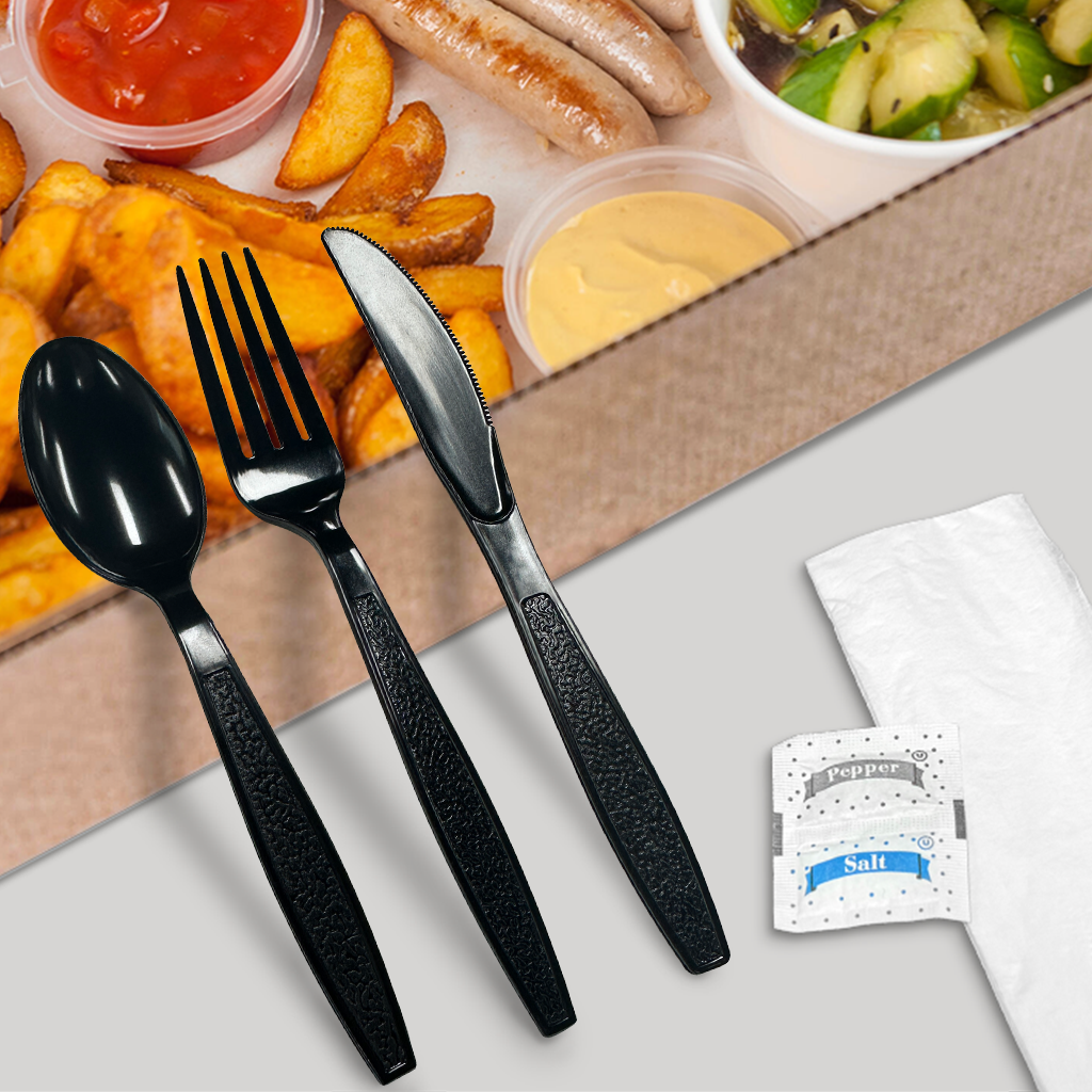 [250ct] PS Plastic Heavy Weight Cutlery Kits with Salt and Pepper | Black