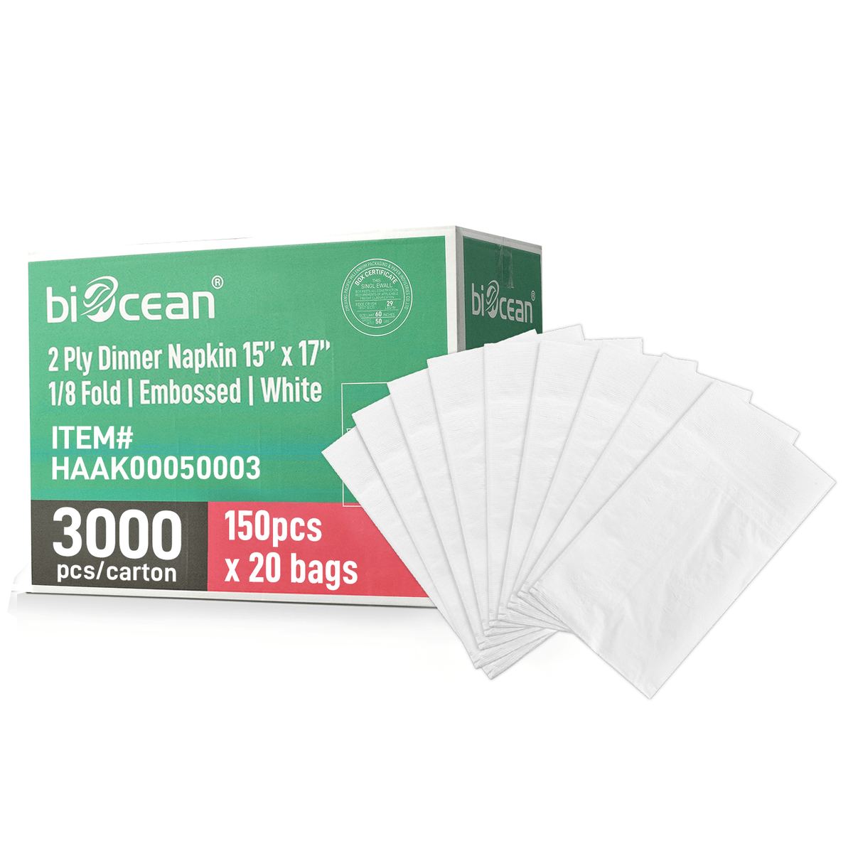 [3,000ct] 15" x 17" 2-Ply Dinner Napkins | 1/8 Fold | White - Biocean by Danube BlueBiocean