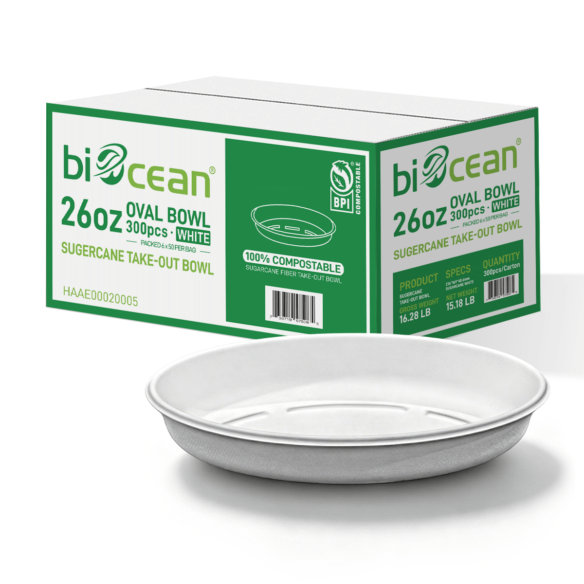[300ct] 26oz Compostable Bagasse Bowls | Oval | White - Biocean by Danube BlueBiocean