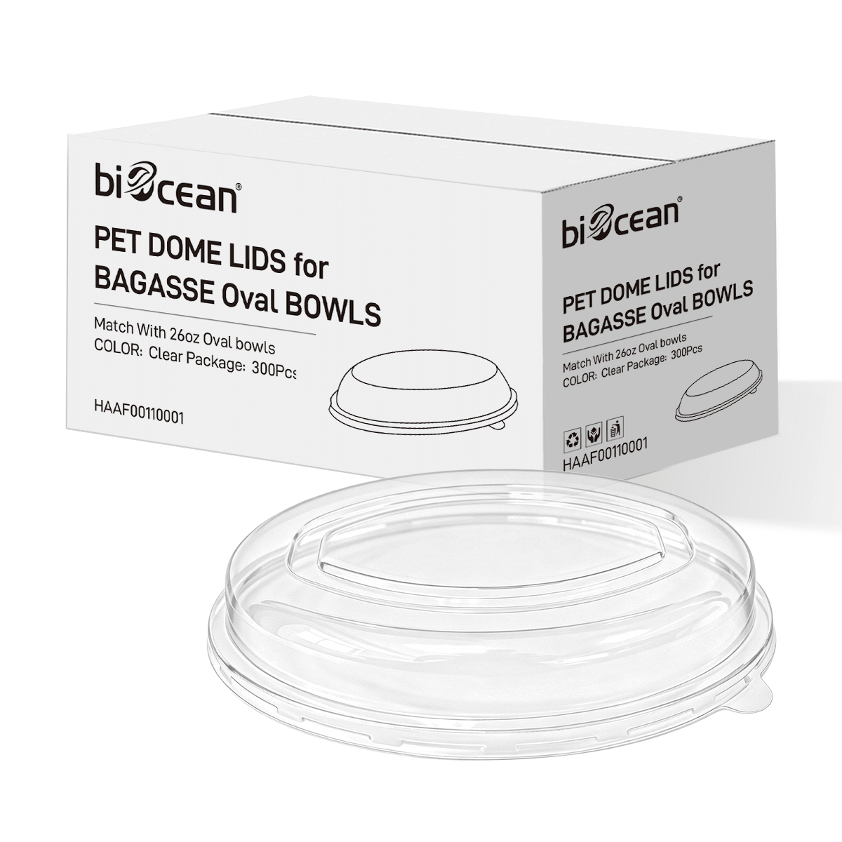 [300ct] PET Dome Lids for 26 oz. Bagasse Oval Bowls | Clear - Biocean by Danube BlueBiocean