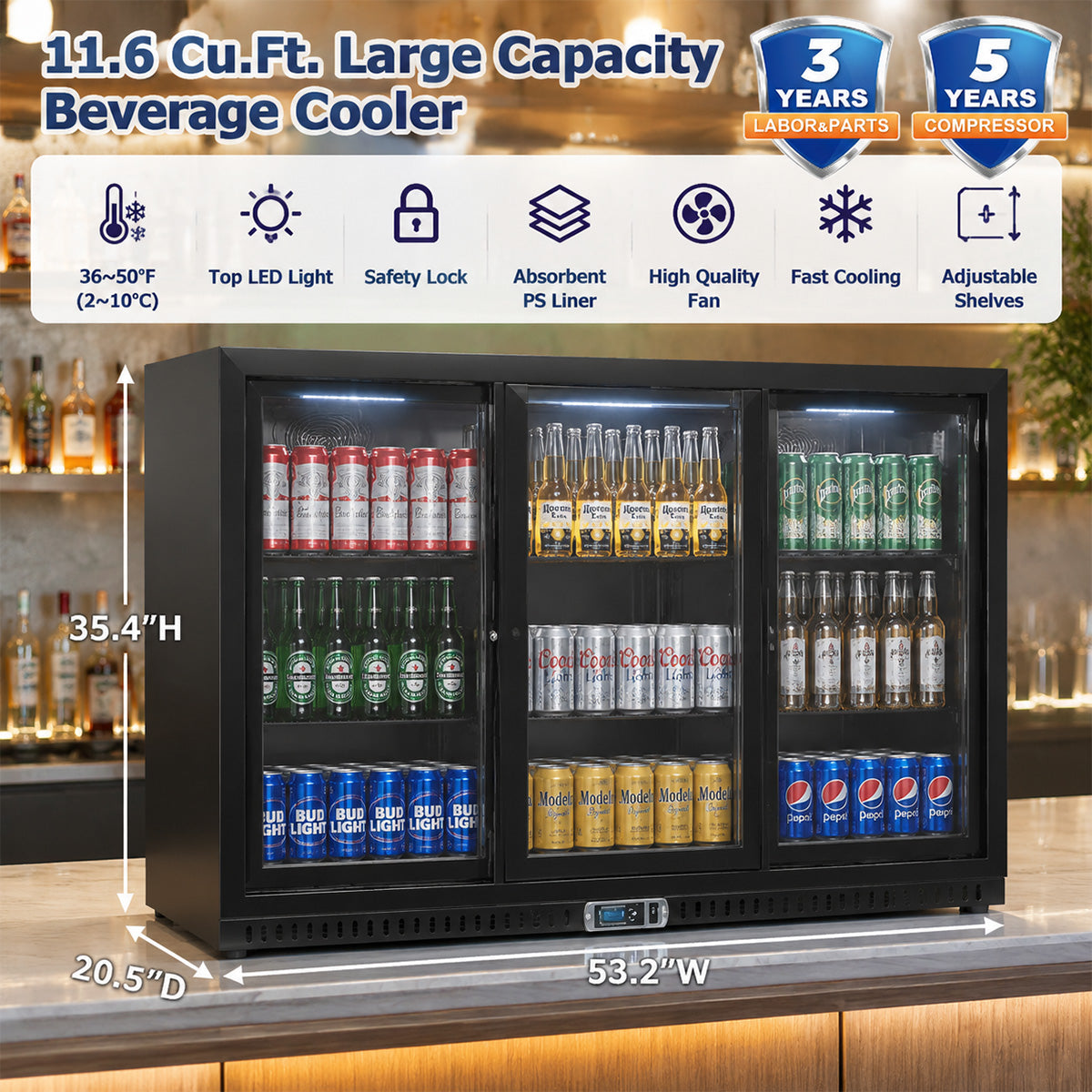 Vitlife Commercial VBBT-338S 53" Back Bar Cooler, 11.6 Cu Ft, Sliding Doors