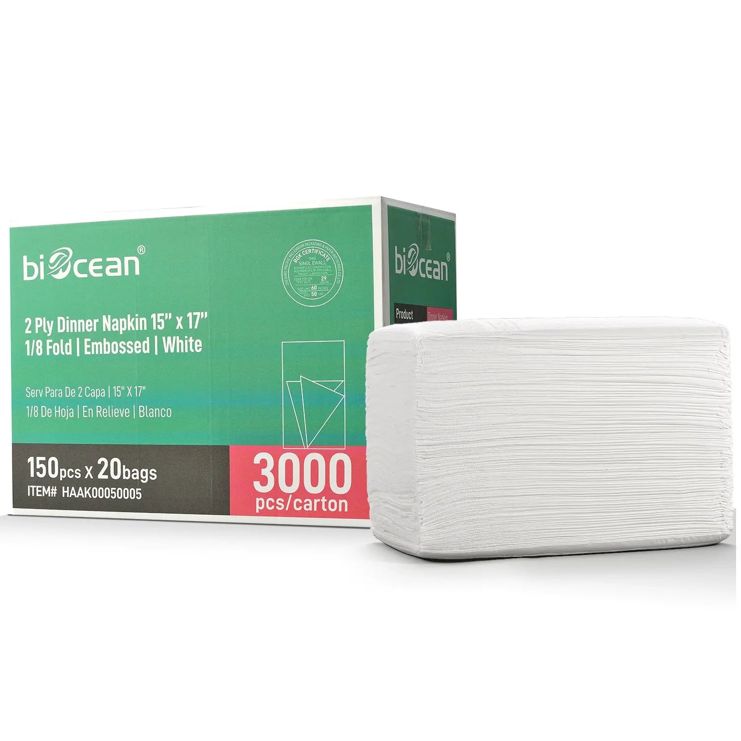 15" x 17" White 2-Ply 1/8 Fold Dinner Napkins-3,000/Case