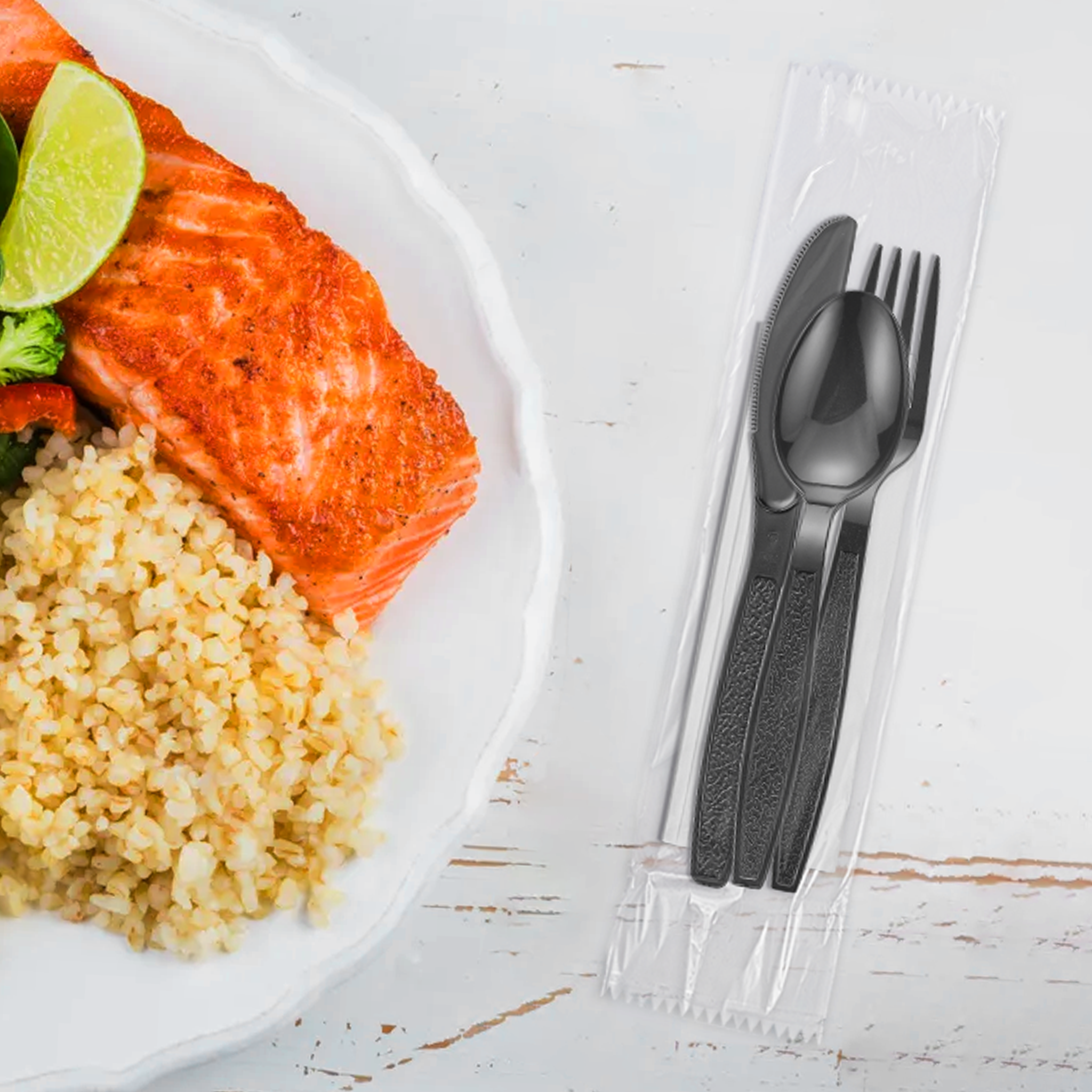 [500ct] PS Plastic Heavy Weight Cutlery Kits (Knife, Fork, Tea Spoon, Napkin) | Black