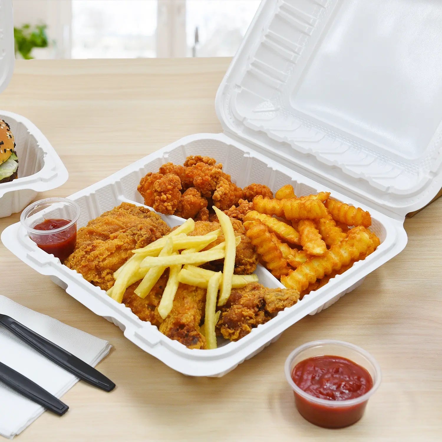 9" x 9" 3-Compartment White PP  Hinged Food Containers- 150/Case