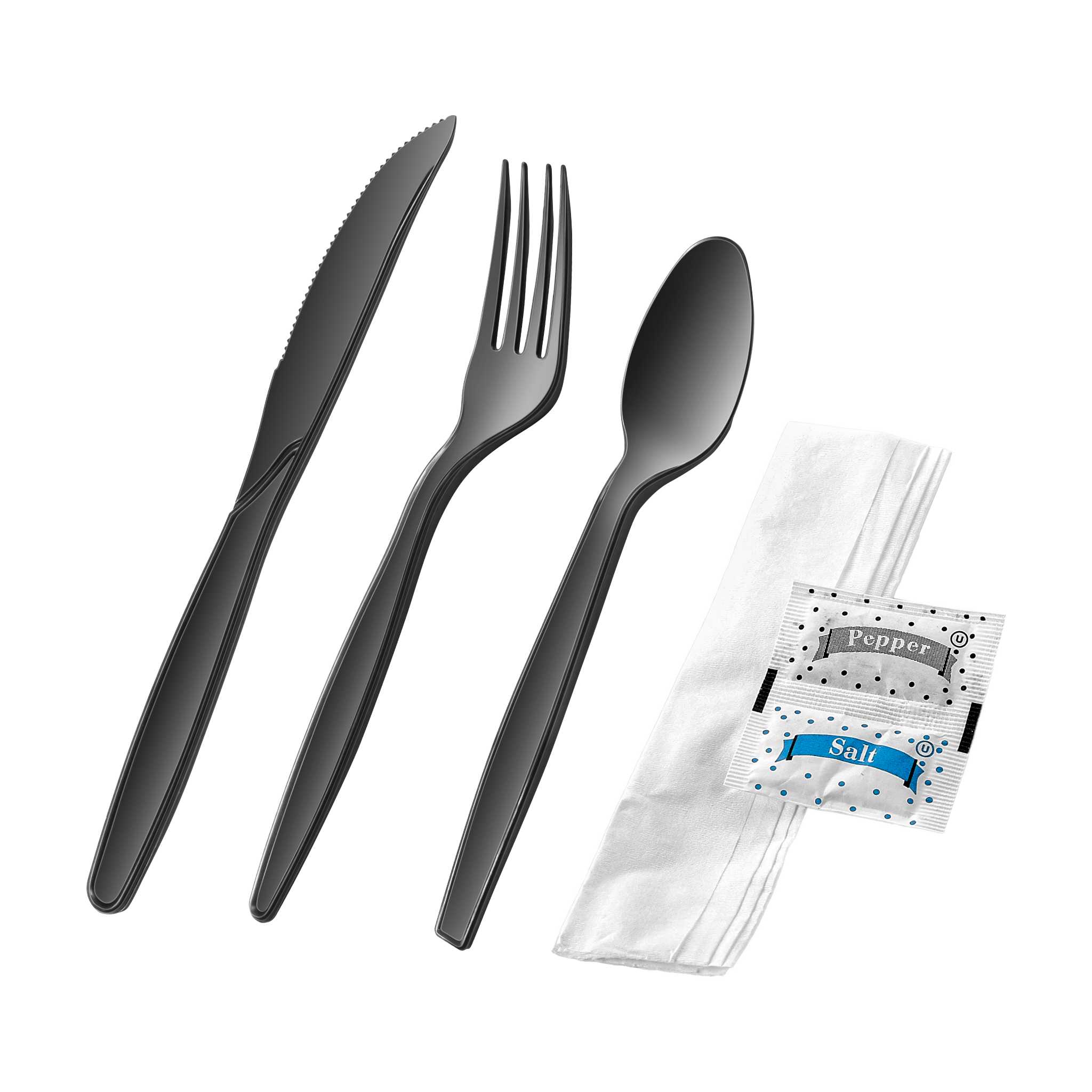 [250ct] PP Plastic Extra Heavy Weight Cutlery Kits with Salt and Pepper | Black