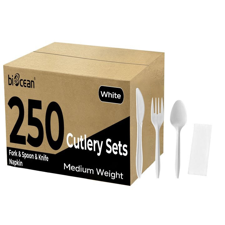 Medium Weight White PP Plastic Cutlery Kit with Knife, Fork, Tea Spoon, and Napkin - 250/Case