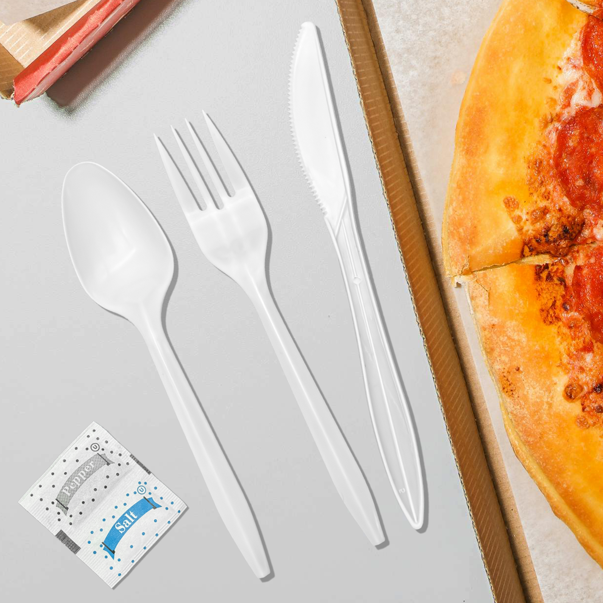 [250ct] PP Plastic Medium Weight Cutlery Kits with Salt and Pepper | White