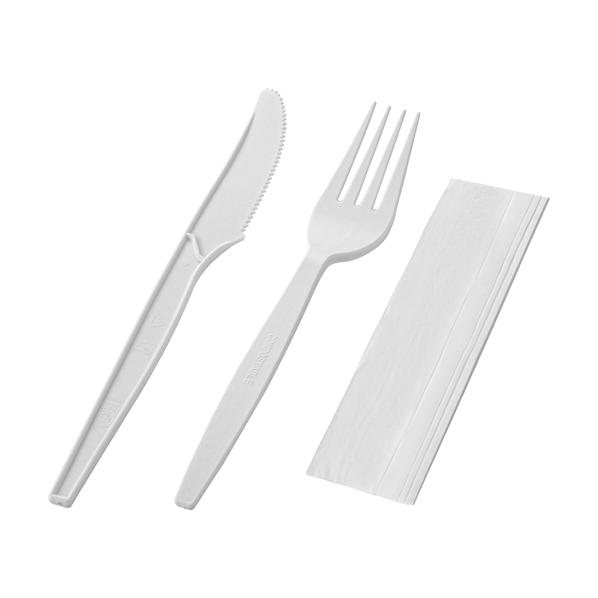 [250ct] PLA Heavy Weight Cutlery Kits (Knife, Fork, Napkin) | White