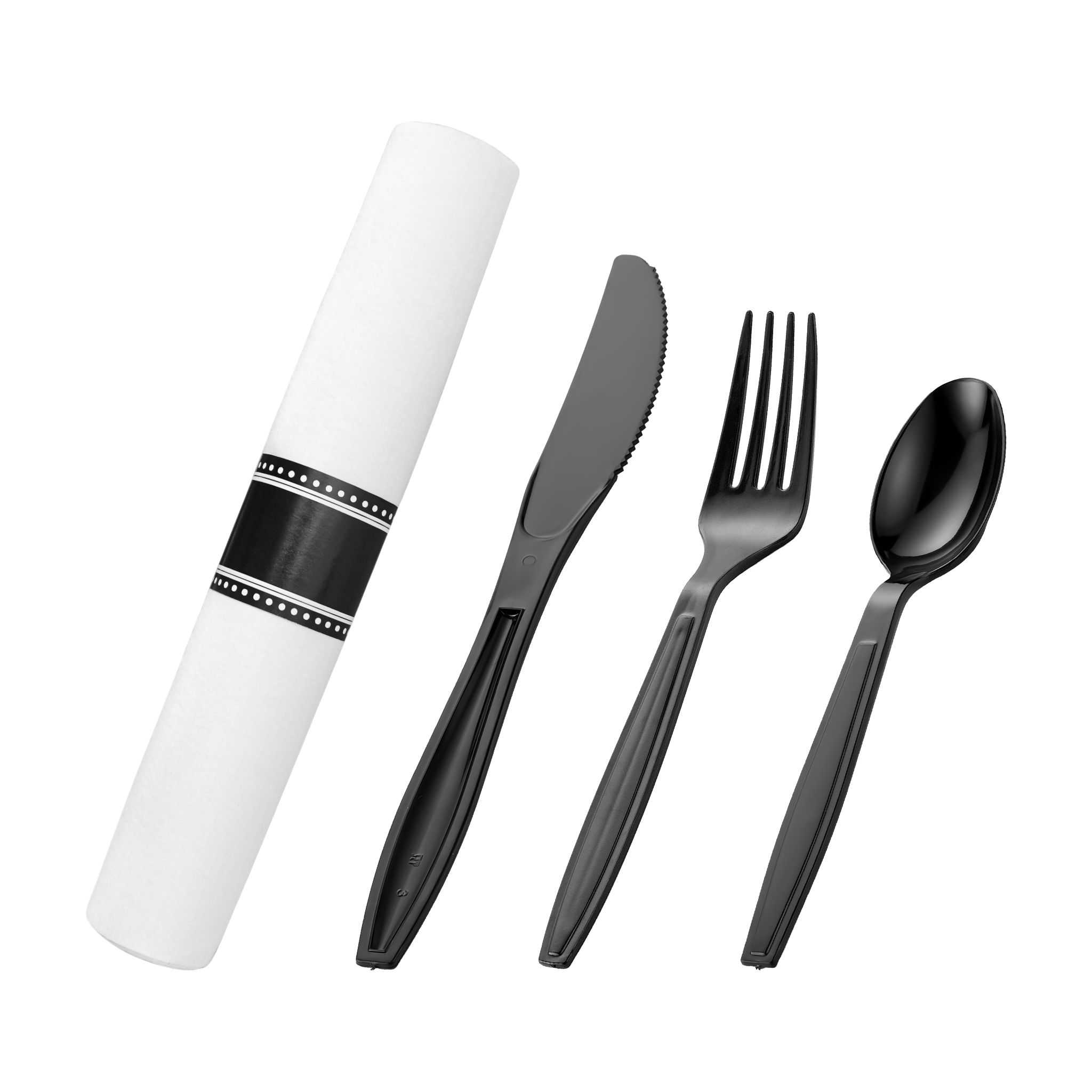 [100ct] 17.5" × 15.5" Pre-Rolled Linen-Feel Napkin and  Heavy Weight PS Plastic Cutlery Set | Black